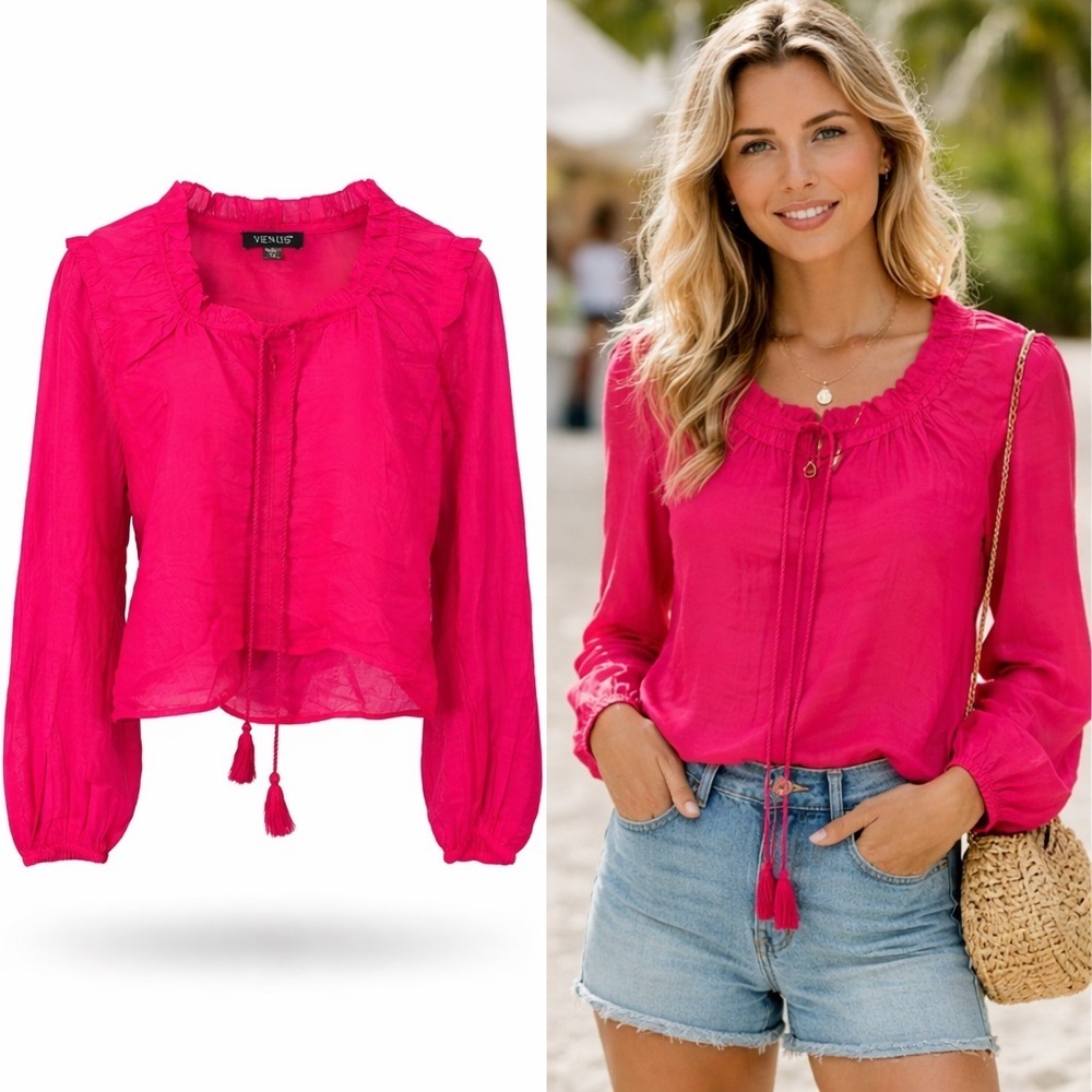 VENUS Hot Pink Sheer Cotton Peasant Blouse Ruffle Tassel Tie M